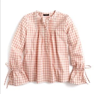 JCrew Tie Sleeve Pintuck Gingham Top